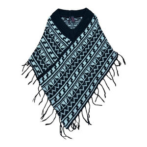 Heart N Crush Poncho Womens Large Black Gray Knit Fringe Aztec Boho Pullover Top